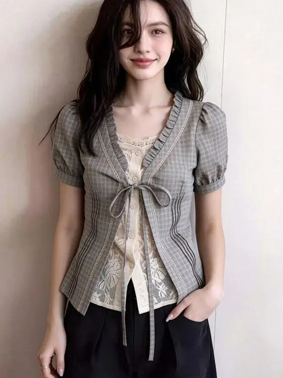 

Gray V-neck Short Sleeve Fake Two-Piece Top Women's Fashion Korean Style Summer Shirt Trendy Tie Design Slimming Effect