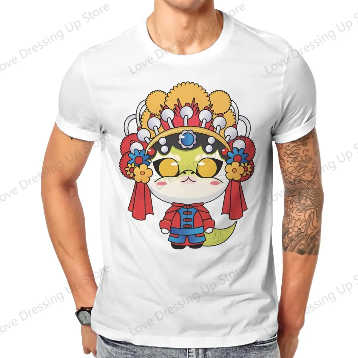 100% Cotton Casual Men T-Shirt Chinese Zodiac Snake illustrated Chinese Beijing Opera Style Short sleeve Tshirts O-Neck Tee