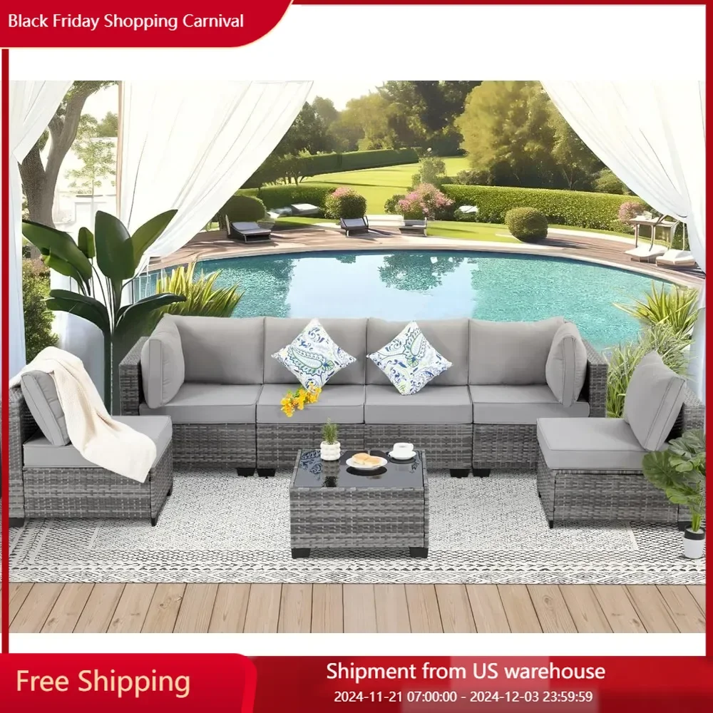 7 Pieces Outdoor Patio Furniture Set, Wicker Sectional Sofa Set Rattan Modular Patio Conversation Sets with Cushions Couch Set