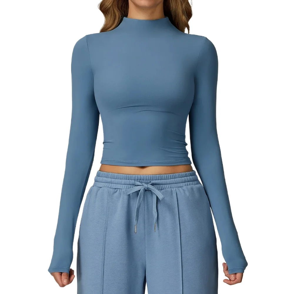 

Autumn Women Crop Tops High Neck Long Sleeve Yoga T-shirts Solid Slimming Tight Fitness Gym Sports Tops Quick Dry Running Shirts
