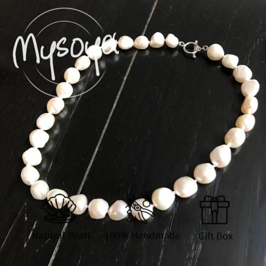 

MYSOYA White Baroque Freshwater Pearl Necklace 8-9mm Pearl Gift Box Birthday Gift Wedding Jewelry Gift for Him/ Her