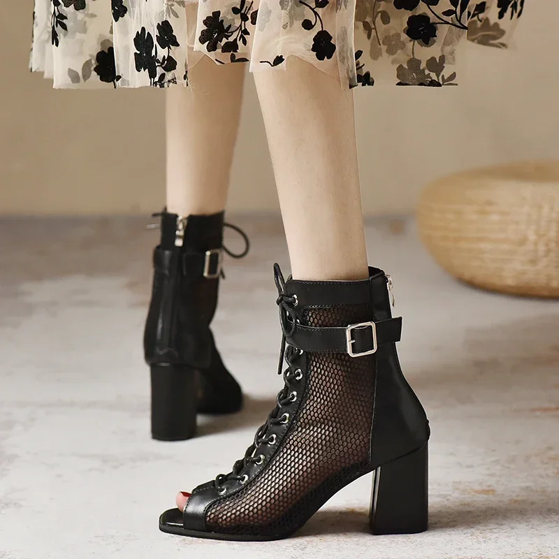 Women\'s Short Boots Mesh Sandals Fish Mouth Beginner Dance Shoes High Heel Ballroom Party Chunky Belt Buckle