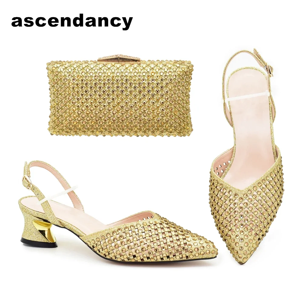 

New Arrival Italian Women Wedding Shoes and Bag Set Decorated with Rhinestone Low Heels Women African Wedding Shoes Bride