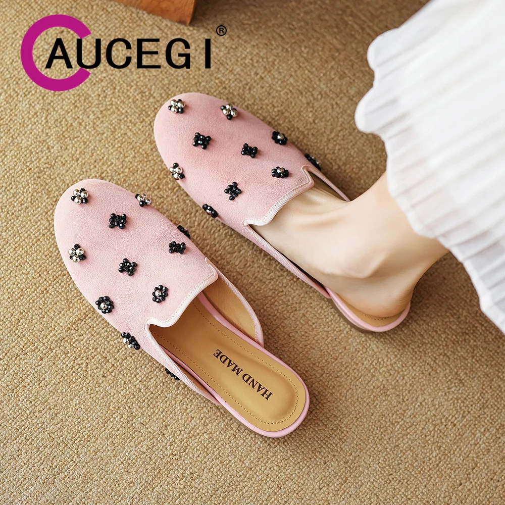 

Новые замшевые сандалии-мюли Aucegi для женщин с цепочкой и бусинами, повседневные туфли с круглым носком на низком каблуке для вечеринок