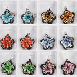 Qianbei Handmade Murano Lampwork Glass Mixed Color Stripe Flower Pendant Fit Necklace Hot Jewelry gift Fashion Wholesale 6pcs