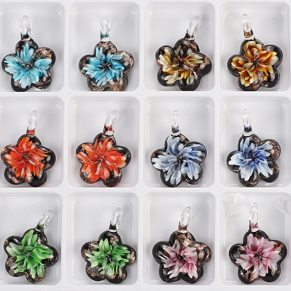 Qianbei Ręcznie robione szkło Murano Lampwork Mieszany kolor Pasek Kwiat Wisiorek Dopasowany naszyjnik Gorąca biżuteria Prezent Moda Hurtownia 6szt