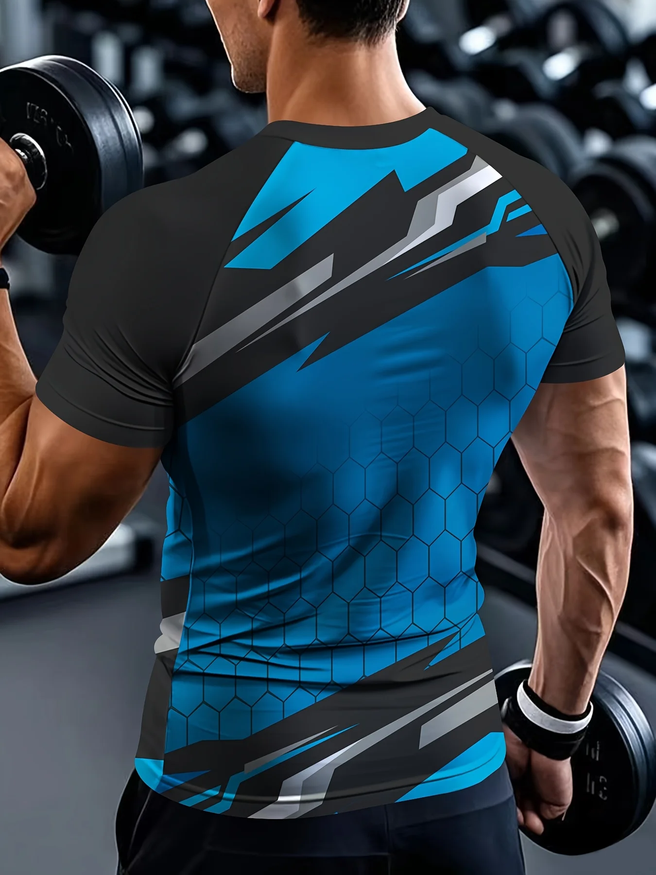 Men Quick Dry High Elastic Sport T Shirt Blue Hexagon Mesh Sharp Geometric Print Raglan Sleeve Breathable Fitness Top