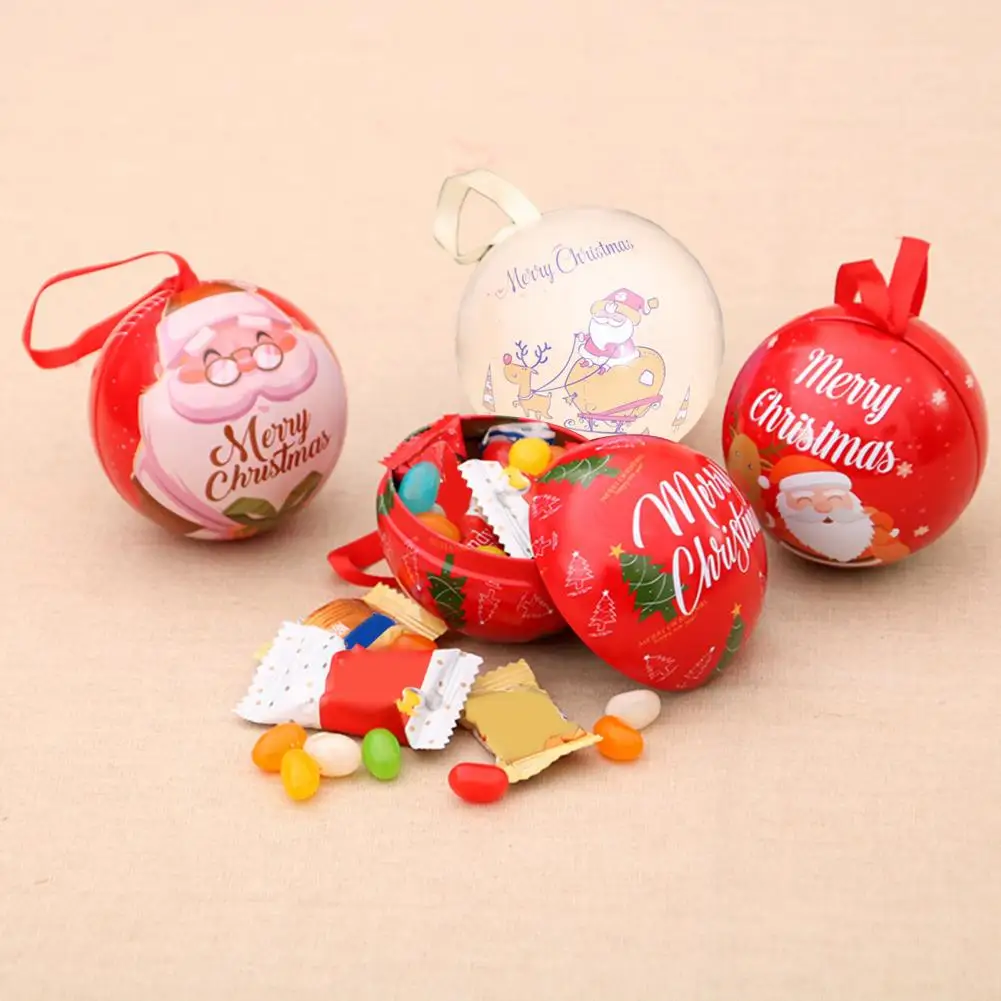 Christmas Ball Candy Box with Ribbon Lanyard Santa Claus Snowman Elk Lettering Candy Holder Iron Box Christmas Tree Pendant