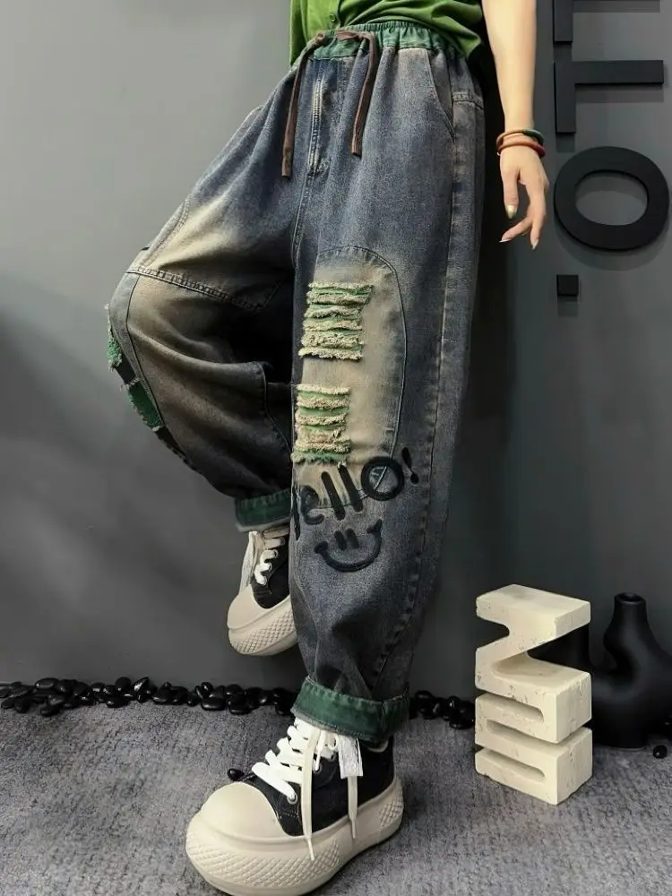 2025 Elastic Waist Denim Harlan Pants Autumn Retro Embroidery Ripped Loose Large Size Distressed Pants Hip Hop Cargo Baggy Jeans