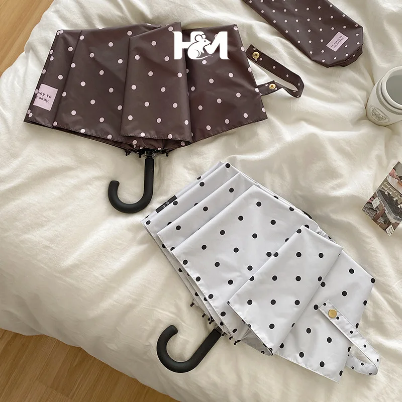 New Cute Polka Dot UV Protection Folding Umbrella Korean Style Portable Black Rubber Sunshine Umbrella For Rainy & Sunny Day