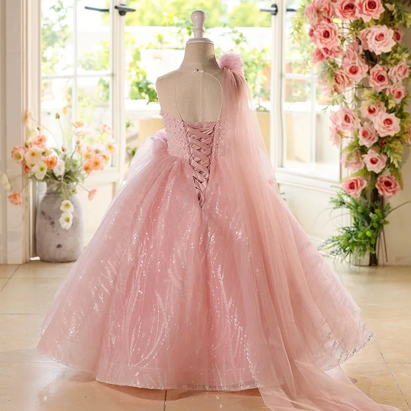 Flower girl dress, pink sleeveless off-shoulder dress with 3D floral embellishments, beaded tulle maxi skirt, prom dress