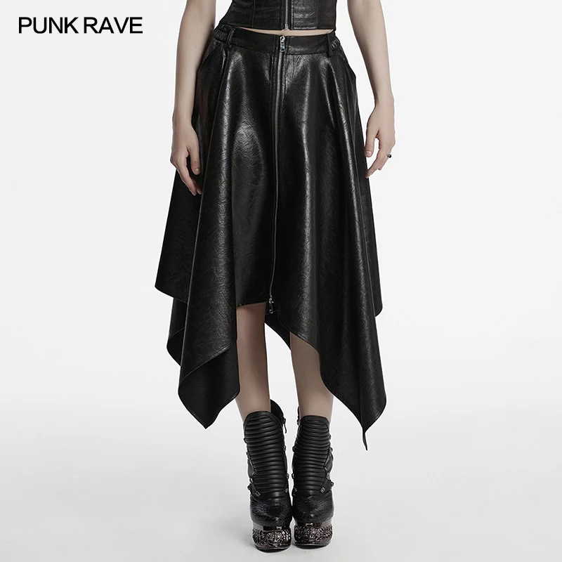 PUNK RAVE Women's Punk Faux Leather Wrinkled Texture Skirt Simple Design Irregular Pointed Hem Cool Fashion Sexy Mid-Skirts