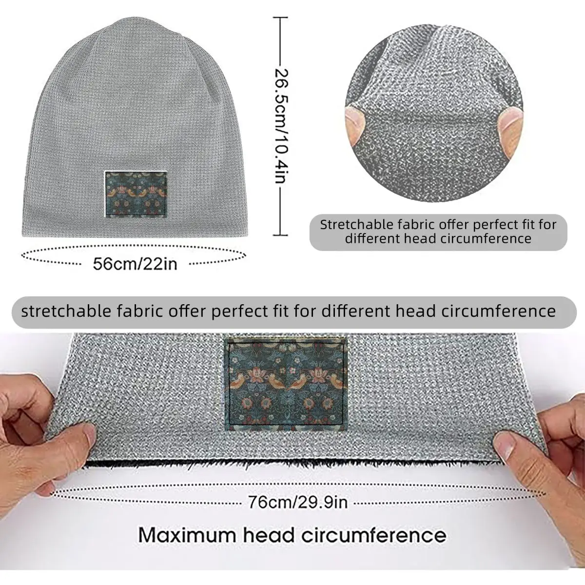William Morris Original Vintage Poster - Strawberry Thief 1883 Waffle Fleece Lined Beanie with PU Leather Patch Winter Soft Cap