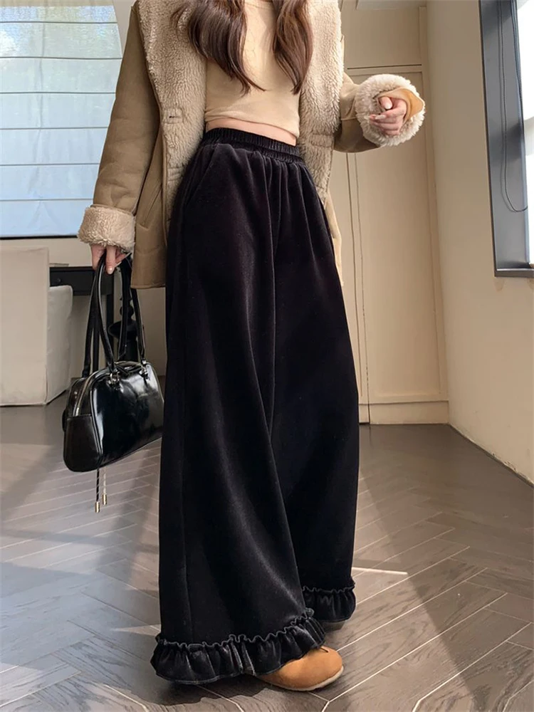 أسود تكدرت النساء السراويل عالية الخصر فضفاضة عادية أفخم الدافئة واسعة الساق بنطلون الإناث الحلو الخريف الشتاء مكتب سيدة السراويل جديد