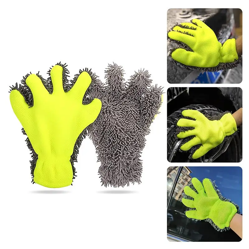 Car Wash Gloves 1 2 Pack with Microfiber Wiping Sponge Reusable Cleaning Tools for Car Truck Garage Use
