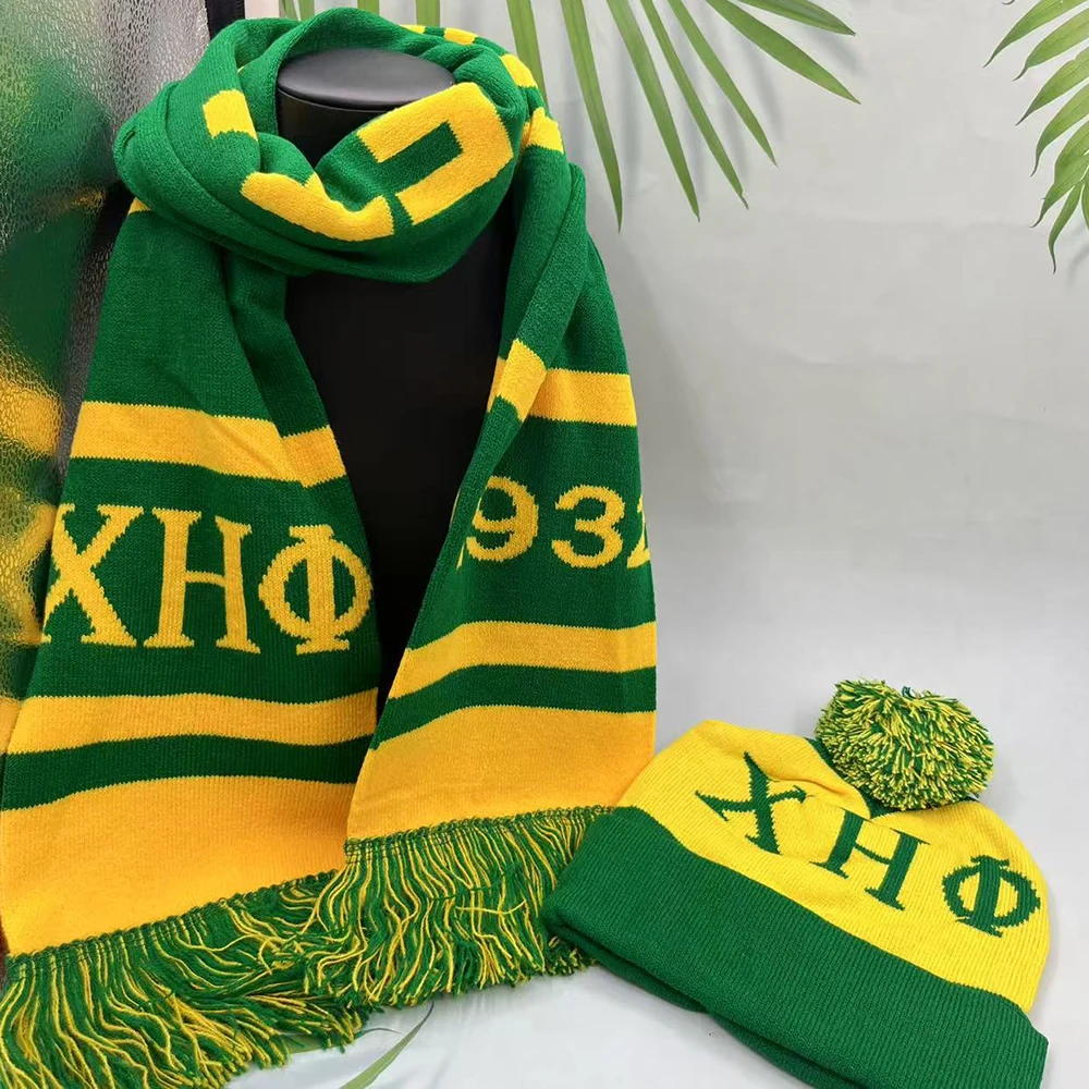 

Chi Eta Phi Wool Knitted Women's Winter Green yellow Scarf Hat Set 1932 Women's Gift