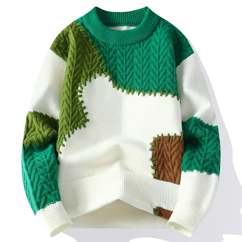

2025 men's color matching winter new casual pullover sweater