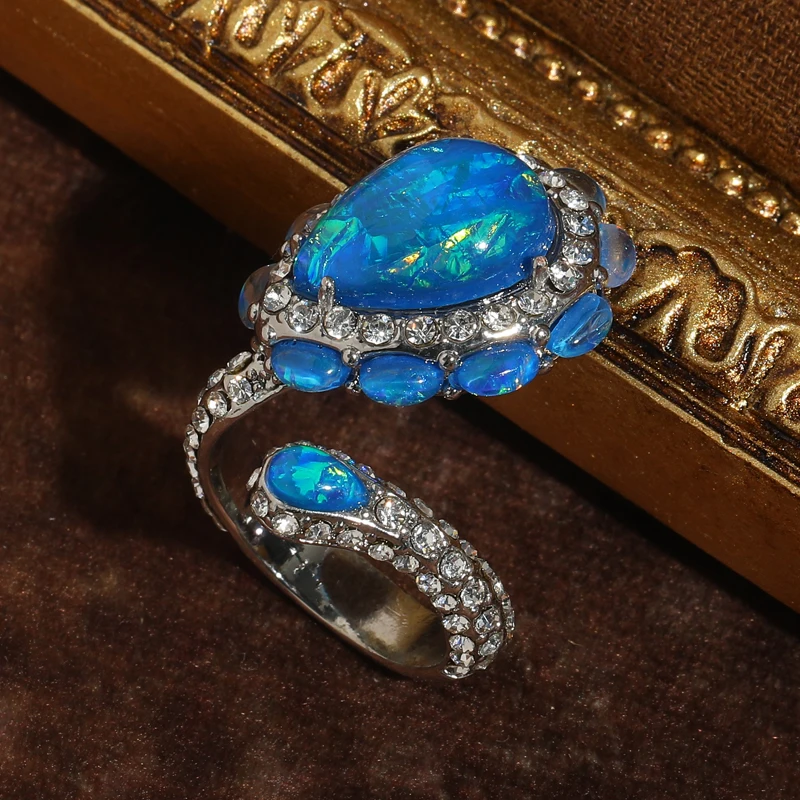 

Vintage Blue Opal Ring Water Drop Bohemia Jewelry Silver Color Cubic Zircon Rhinestone Open Accessories Luxury Quality Jewelry