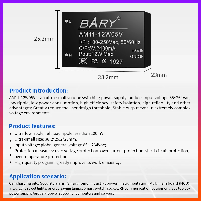 AM11-12W05V ACDC 220V to 5v2.4A 12W Isolated voltage regulator step-down power module