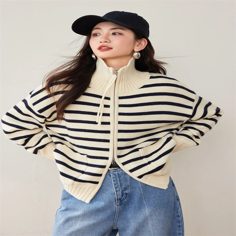 Vimly Contrast Striped Zipper Cardigan Women Sweater Coat 2023 Winter High Strecth Loose Knitted Long Drop Sleeve Knit Top 16313