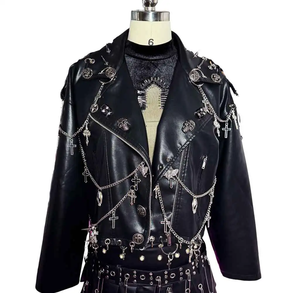 90s Gothic Y2K Vegan Leather Skull Studded Jacket Coat E-Girls DIY