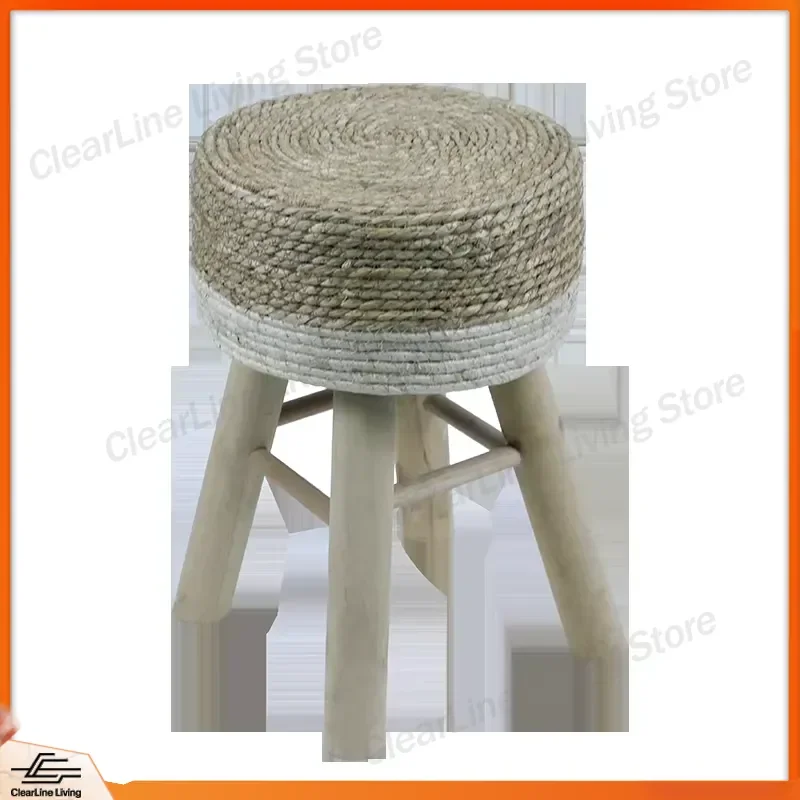 Woven Carpet Upholstered Round Seaweed Stool Pine Wood Footstool for Home Living Room Bedroom Decor