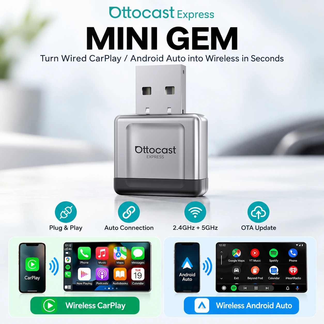 Ottocast Mini Gem 2 in 1 Wireless CarPlay Android Auto Adapter Wired to Wireless USB Dongle Plug and Play Auto Reconnect For Kia