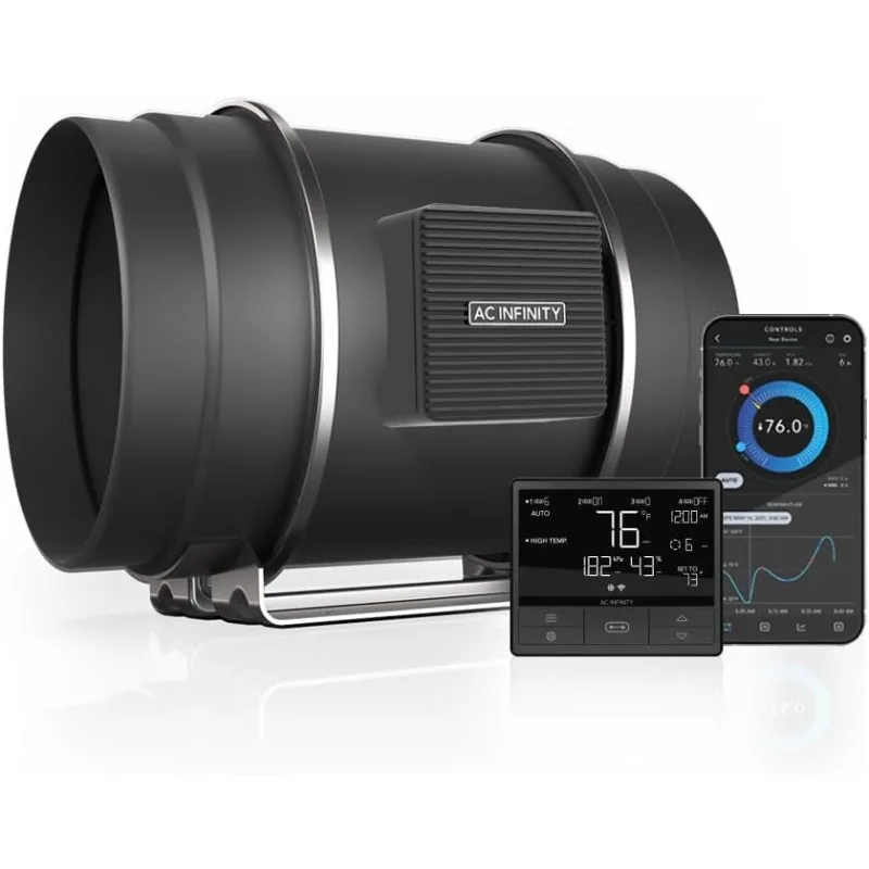 Ventola silenziosa per condotto in linea da 8" con controller VPD per umidità e temperatura, controllo app integrato WiFi