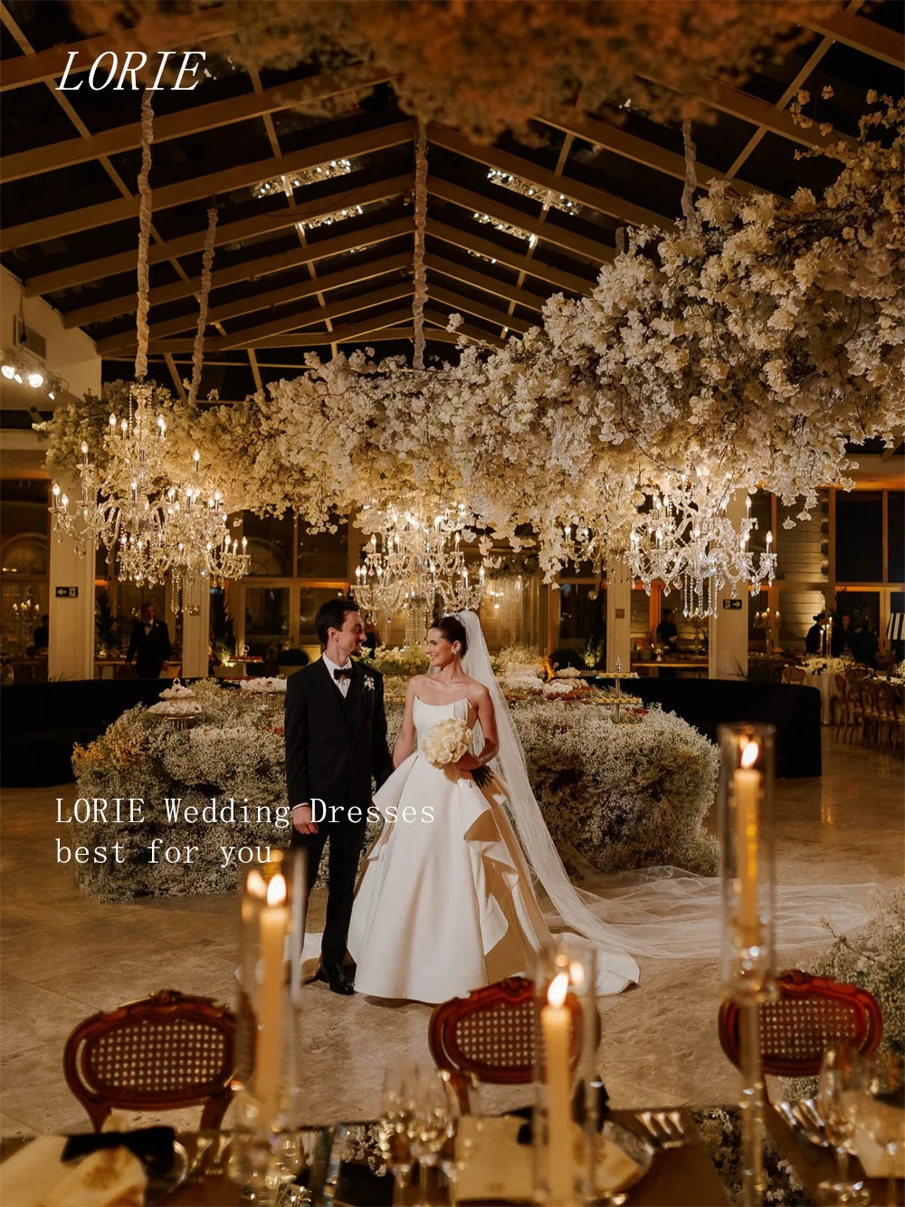 LORIE فستان زفاف فاخر بدون أكمام على شكل حرف A فساتين زفاف بدون حمالات مناسبة عند الخصر ثوب زفاف مخصص 2026