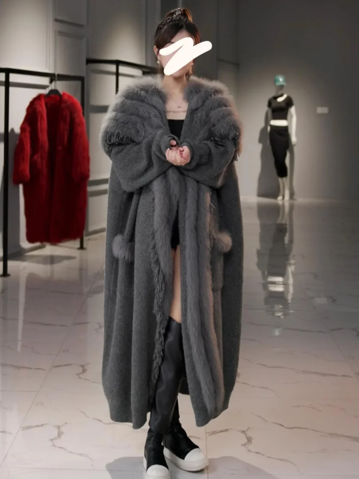 Fox Fur Stitching Sweater Women 2023 Autumn Winter New Loose Large Lapel Fur Coat Long Black Cardigan Female Oversized Cardigan