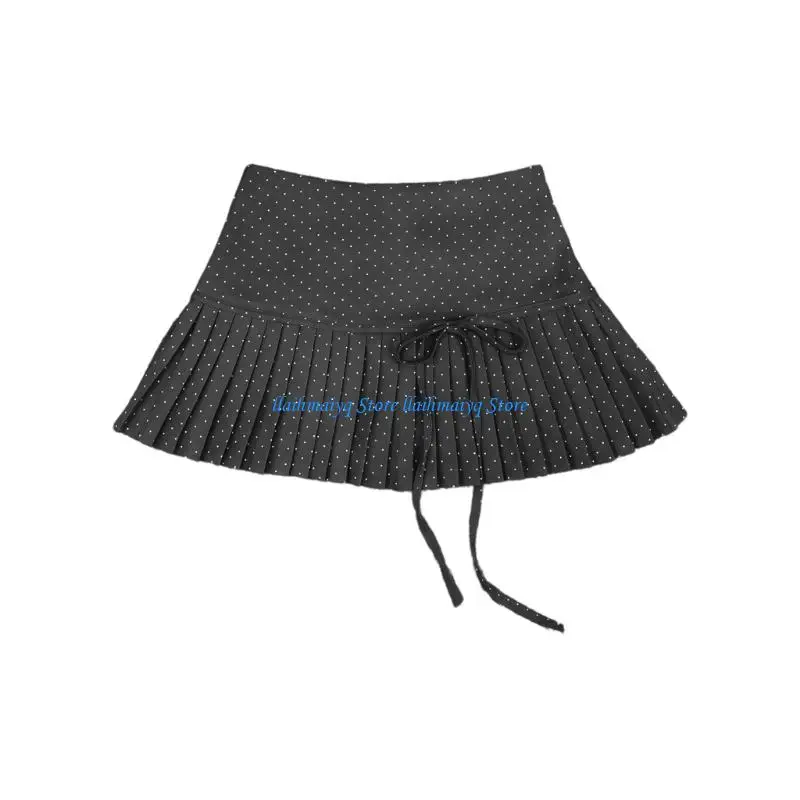 573B สตรีสูงเอวโรงเรียน Flared Casual Mini Skater กระโปรง Dot พิมพ์หวาน Bows สายจีบกระโปรงสั้น Undershort