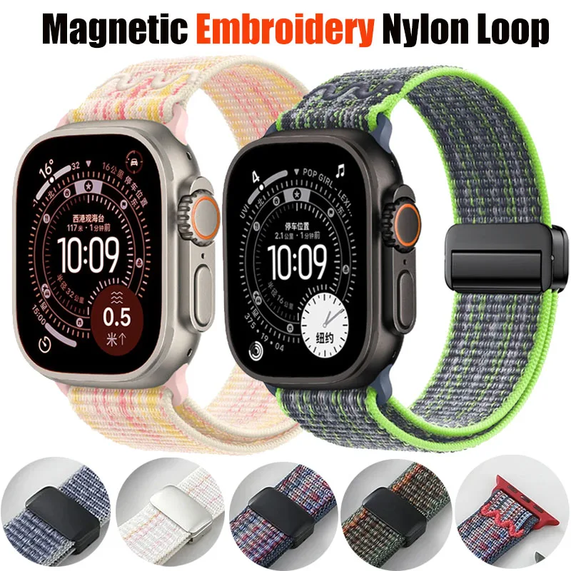 Magnetisches Stickerei-Nylonband für Apple Watch Armband 46mm 42mm Ultra 3 2 49mm Sportarmband für iWatch 11 10 45mm 44mm 41mm 40mm