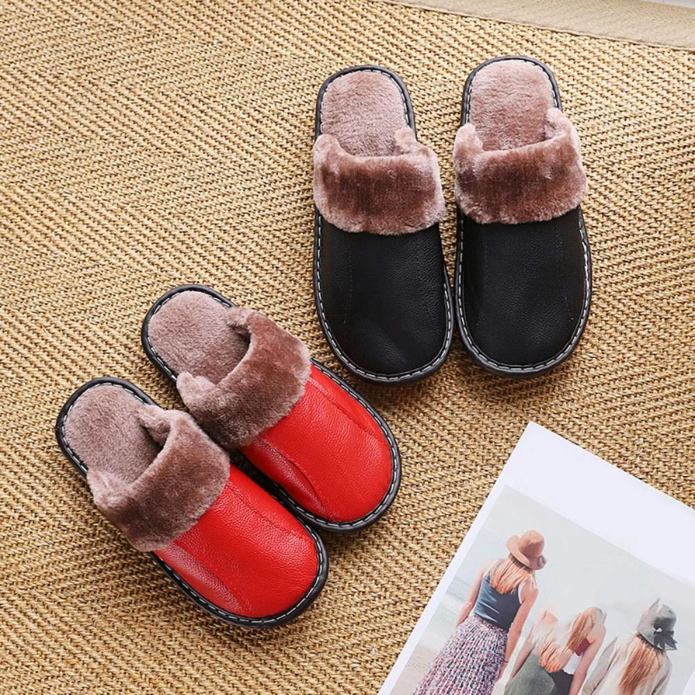 Chinelo de couro masculino com pele sola grossa cor sólida pelúcia chinelos quentes anti-skid homewear sapatos de inverno chinelos internos