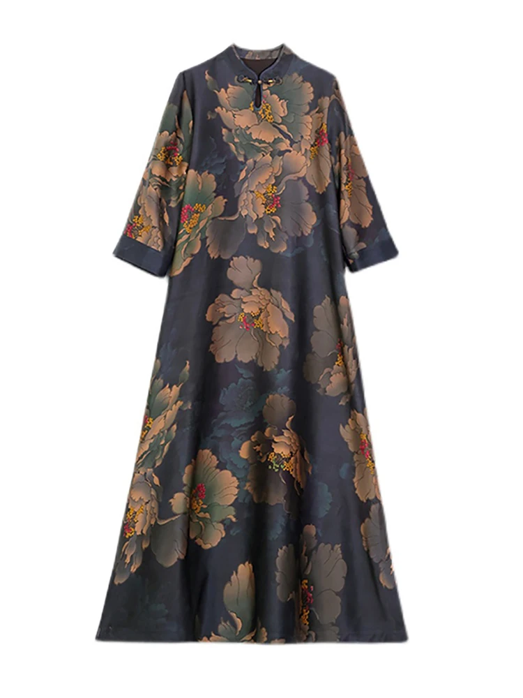 Autumn Winter Floral Silk Long Sleeve Maxi Dress Women Fashion Casaul Loose Waist Dress 2024 Korean Vintage Elegant Night Dress