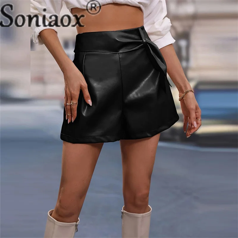 

Women's British Style PU Leather Shorts Summer Elegant Commuter Solid Color Three Quarter Pants Female Casual Straight Trousers