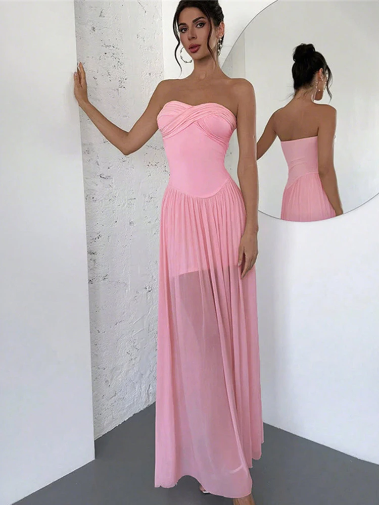 ByeMyLove สีชมพู Off-Shoulder Tulle Maxi ชุด Strapless Elegant SHEER ตาข่ายชุดยาวสําหรับงานปาร์ตี้ชุดราตรียาวผอม
