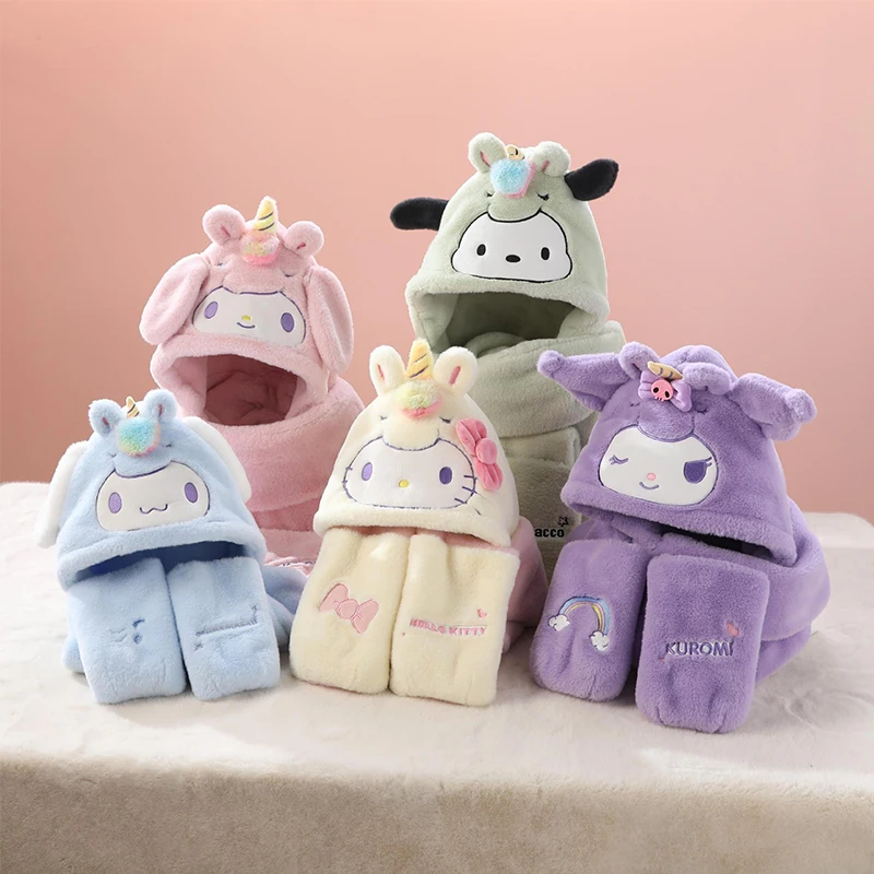 Miniso Hello Kitty Melody Kuromi Cinnamoroll Winter Children Hat Scarf Gloves Three-piece Kid Cap 3 in1 Girls Headcap Neck cover