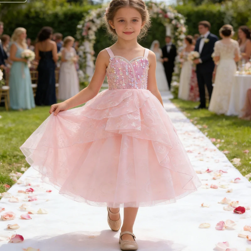 Girls Wedding Costumes Kids Pink Princess Dress Festival Elegant Birthday Sequins Mesh Girls Party Dress Bridesmaid Girl Costume