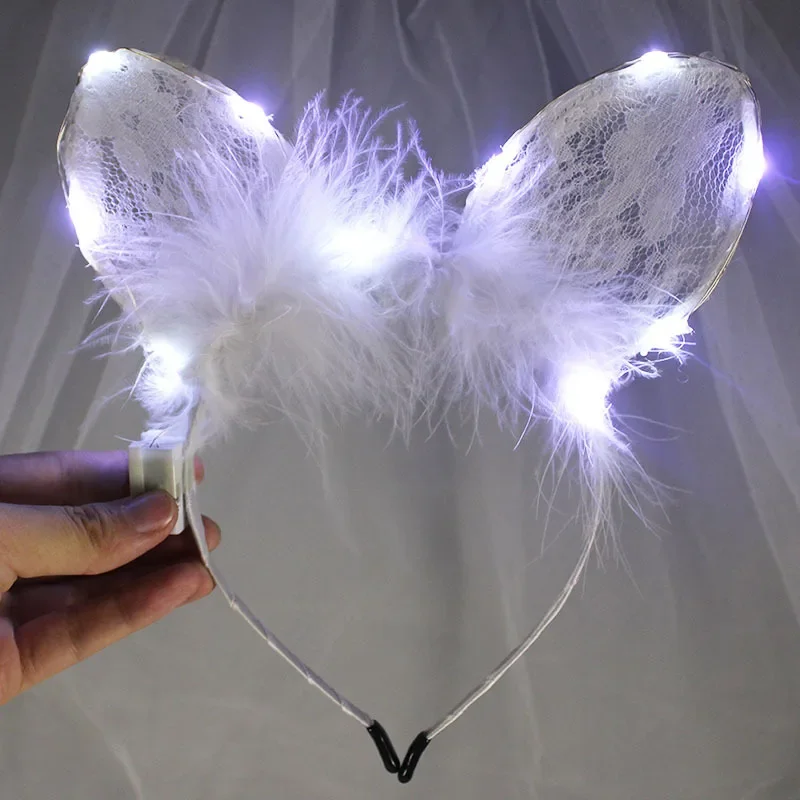 LED Glow Party Light Sexy Lace Cat Bunny Ear Feather Headbands Black White Bow Bell Headpieces Wedding