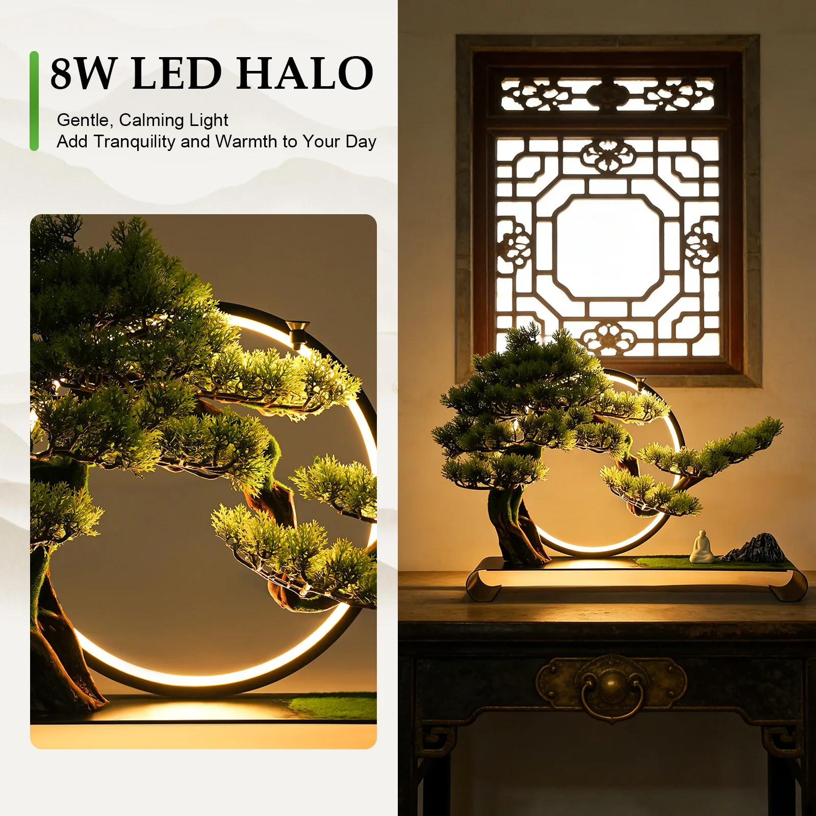 AC110V Realistic Artificial Tabletop Bonsai, Antique Decor Bonsai Tree with LED Lamp Ring for Home Use