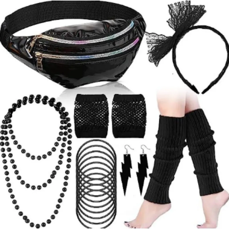 Accessoires de Costume Holographique des Années 80, 19 Pièces, Pack Banane, Jambières, Bandeau de Sauna en Dentelle, Boucles d'Oreilles, Gants, Collier, Bracelet