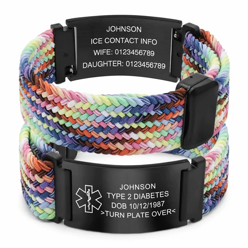 Personalisiertes Medizinisches Warnarmband Elastisches Nylon Individuell Graviertes Etikett Medizinisches ID-Armband Verstellbares Andenken-Geschenk für die Gesundheit – Detail 23