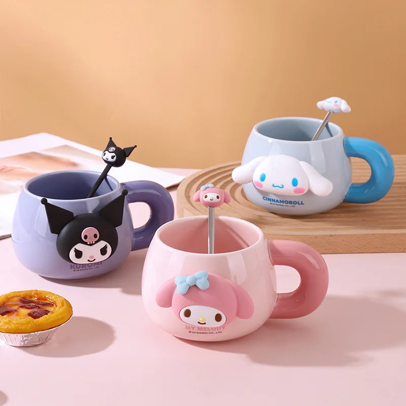 Sanrio Ceramic Mug My Melody Kuromi Cinnamoroll Anime Large Capacity Milk Cup With Spoon Mark Cup Lovers Coffee Cup Girl'S Gift