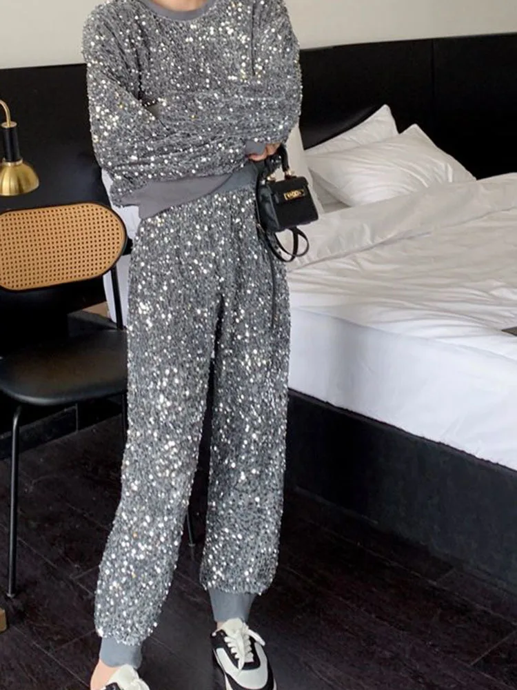 Bling Sequins Round Neck Sweatshirt Harem Pants Two-Piece Set Autumn Winter New Hoodies High Waist Harem Pants Outfits