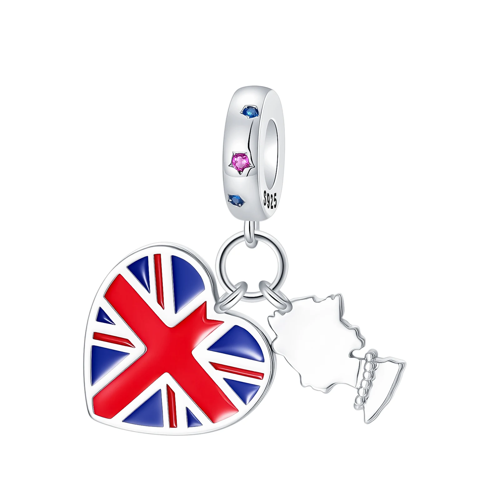925 Sterling Silver UK Union Heart Map Dangle Charm British Travel Memory Pendant Bead Fit Original Bracelet DIY Souvenir Gift