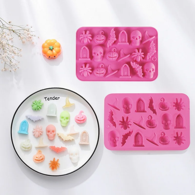 Halloween DIY Chocolate Candy Baking Mold Scary Silicone Spider Ghost Tomb Pumpkin Bat Skull Witch Hats Shape Designed Pink Mold