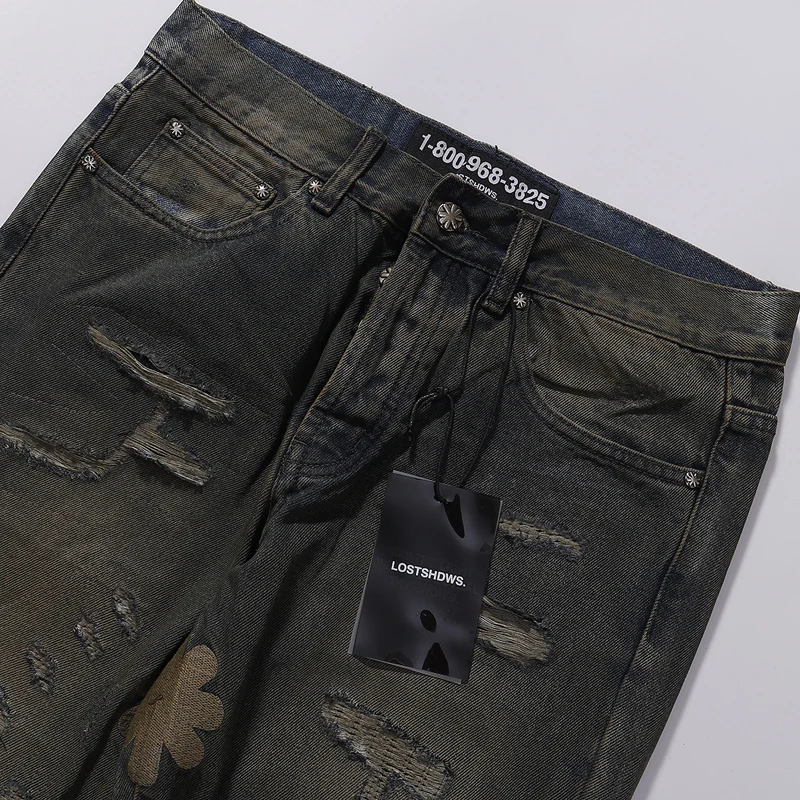 LOST SHADOWS JEANS New American Retro Do Old Wash Hole กางเกงยีนส์ทรงหลวมตรงปักดอกไม้โลโก้ผู้ชายสตรีทแวร์