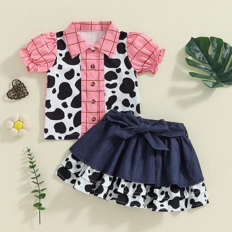 

Toddler Girls 2Pcs Summer Outfits Short Sleeve Cow Print Shirt + Denim Skirt Set Baby Clothes 2-7 Years