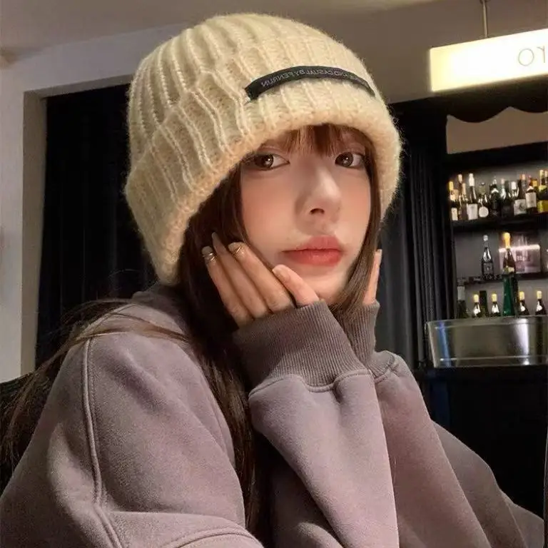 

Зимняя шапка-бини, женская милая теплая защита ушей, вязаная утолщенная двухслойная ветрозащитная шапка для студентов, теплая шапка для пожилых людей