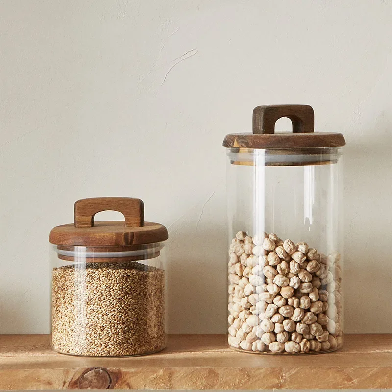 Glass Food Storage Tank with Wooden Lid Kitchen Coffee Beans Candy Tea Grains Canister Home Snacks Storage Jar